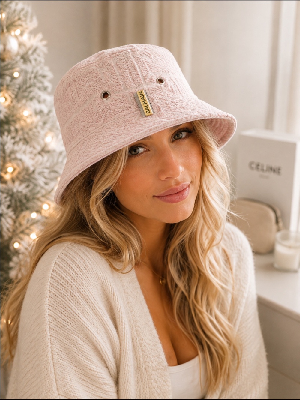 Balmain Light Pink Bucket Hat with Logo Tag